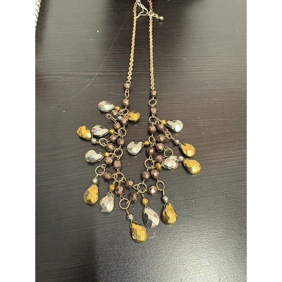 Vintage Bib Necklack Statement Red Orange Brown Silver Beads Costume - Picture 6 of 10